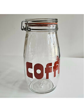 Vintage 1970s Glass Coffee Canister 1.5L Retro Red Bubble Letters Wire Bail Lid